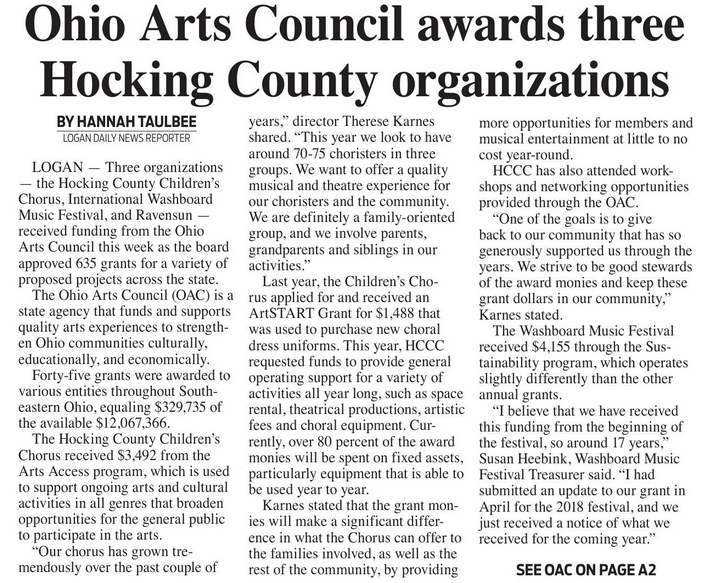 Ohio Arts Council Awards Three Hocking County Organizations